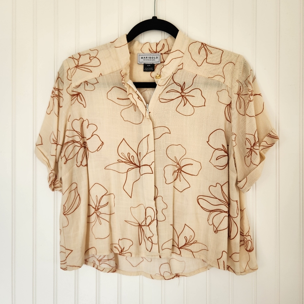 MARIGOLD Cream Sepia Rayon Floral Print Cropped Zipper Front Blouse Top Medium